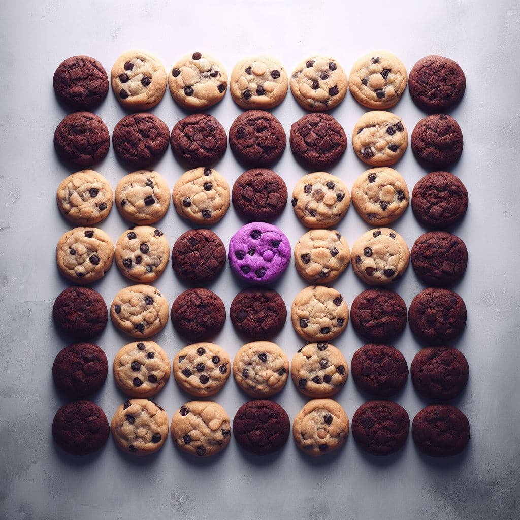 Embracing the cookieless future Photgraphic flat-lay of freshly baked cookies in milk and dark chocolate, the middle cookie is emphasised in a purple colour